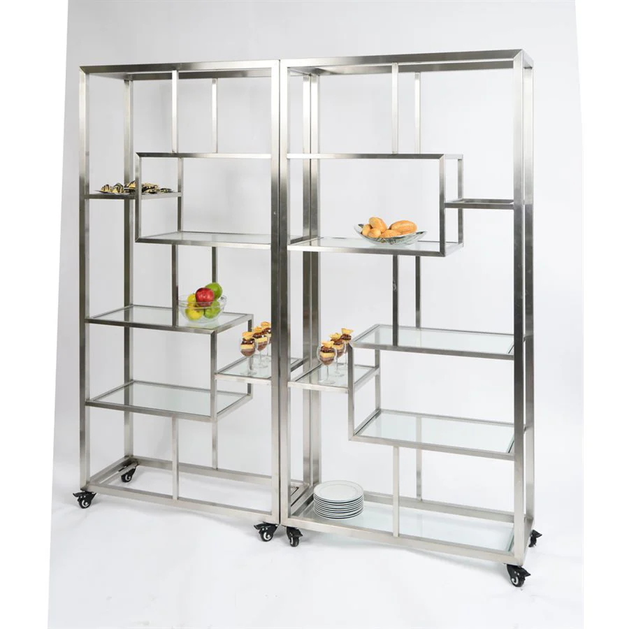 Eastern Tabletop Square Rolling Buffet Set with Clear Shelves, Stainless Steel, 71" x 14" x 73"
