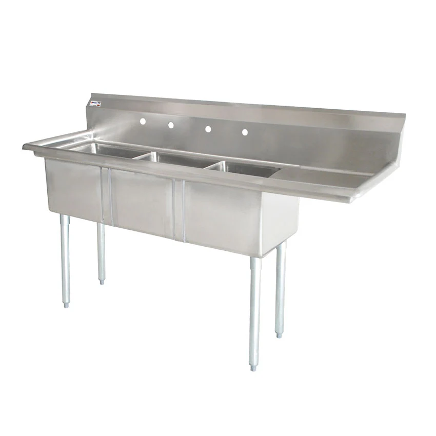Nella Three Tub Sink 24" x 24" x 14" Right Drain Board, Corner Drain