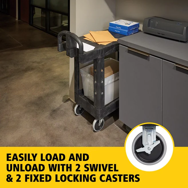 Rubbermaid Two Tier Utility Cart with Ergonomic Handle, Black - 38" x 19.3" x 33.4" - Image 5