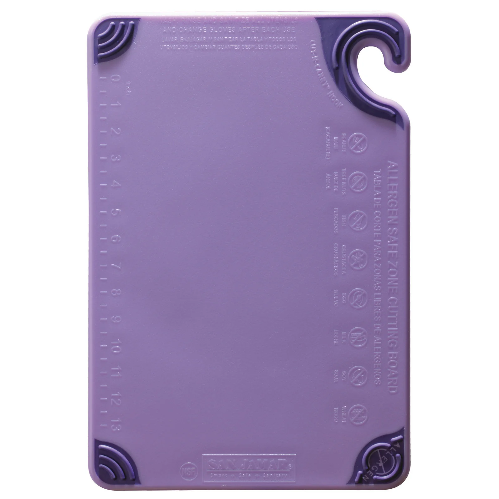 San Jamar Saf-T-Grip 12" x 18" Cutting Board with Food Safety Hook, Purple