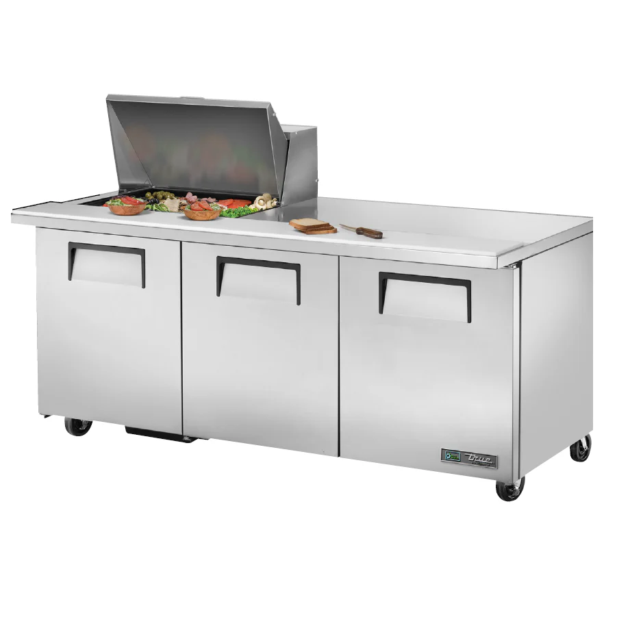 True 72" Sandwich / Salad 12 Pan Refrigerated Mega Top Prep Table, 3 Doors -  TSSU-72-12M-B